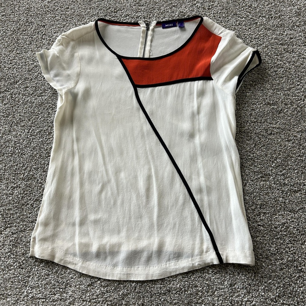 Mexx Blouse Womens 2 White Colorblock Short Sleeve Zip Back Casual Office Top